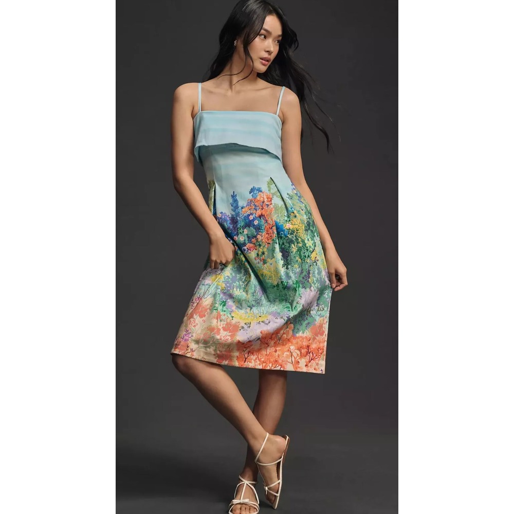 Anthropologie sleeveless fold over knee length Dress‎ floral Midi Blue Size L